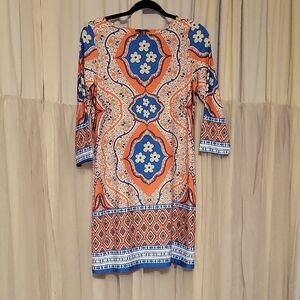 Vibrant Long Sleeve Dress with Blue and Orange Pattern